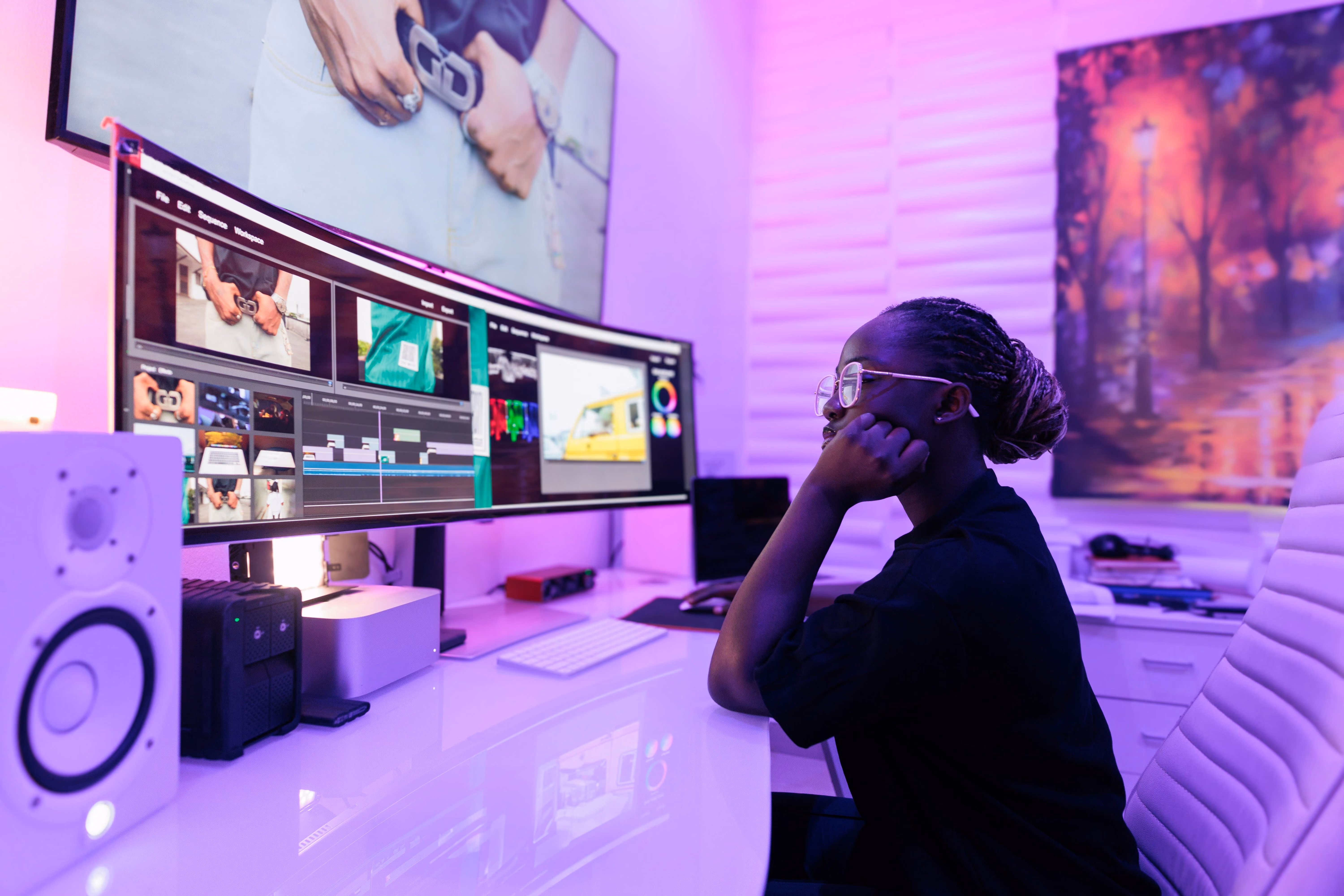 Person with glasses sitting at a desk in a purple-lit room, focused on video editing displayed on a large curved monitor.