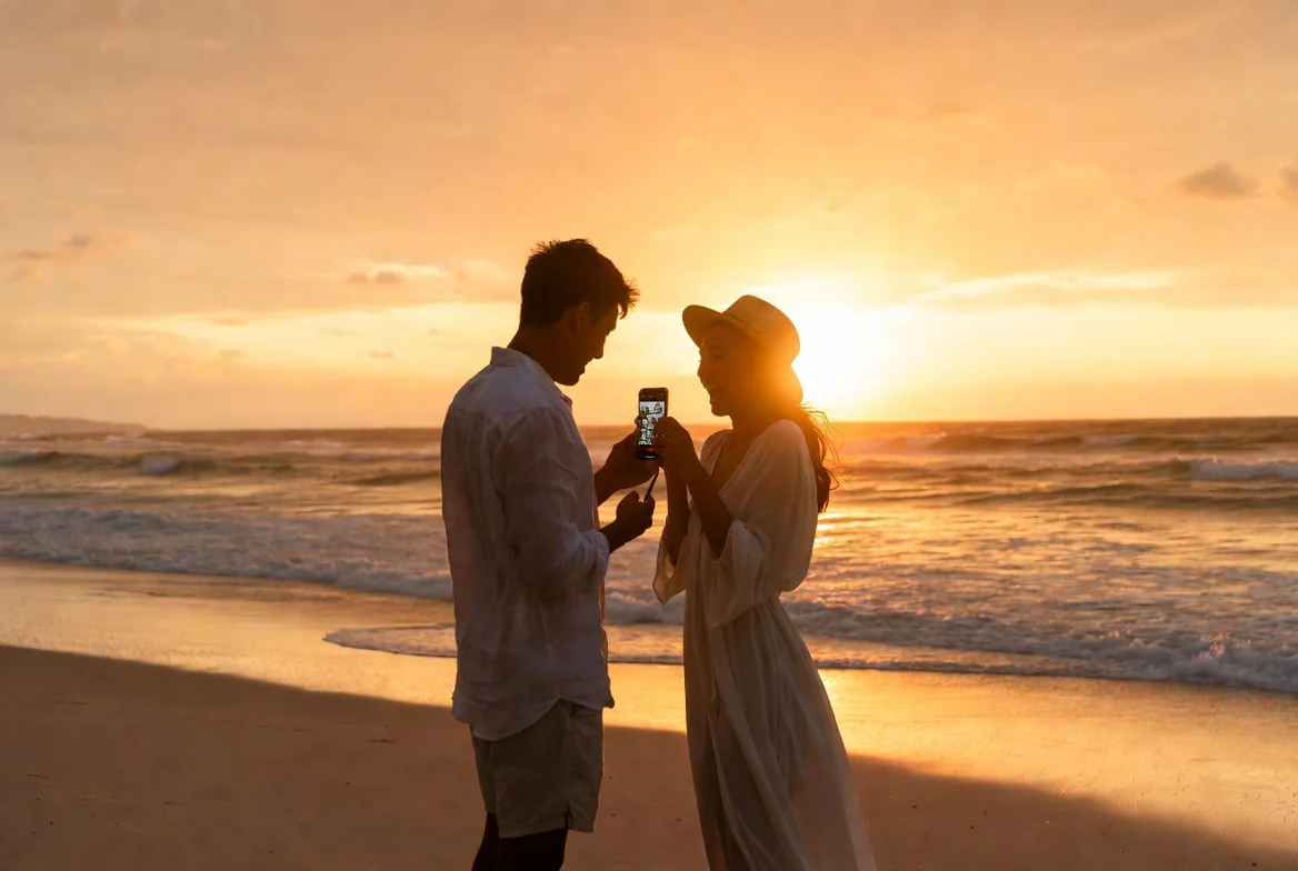 Couple watching a video message together at sunset on the beach, representing a virtual wedding gift