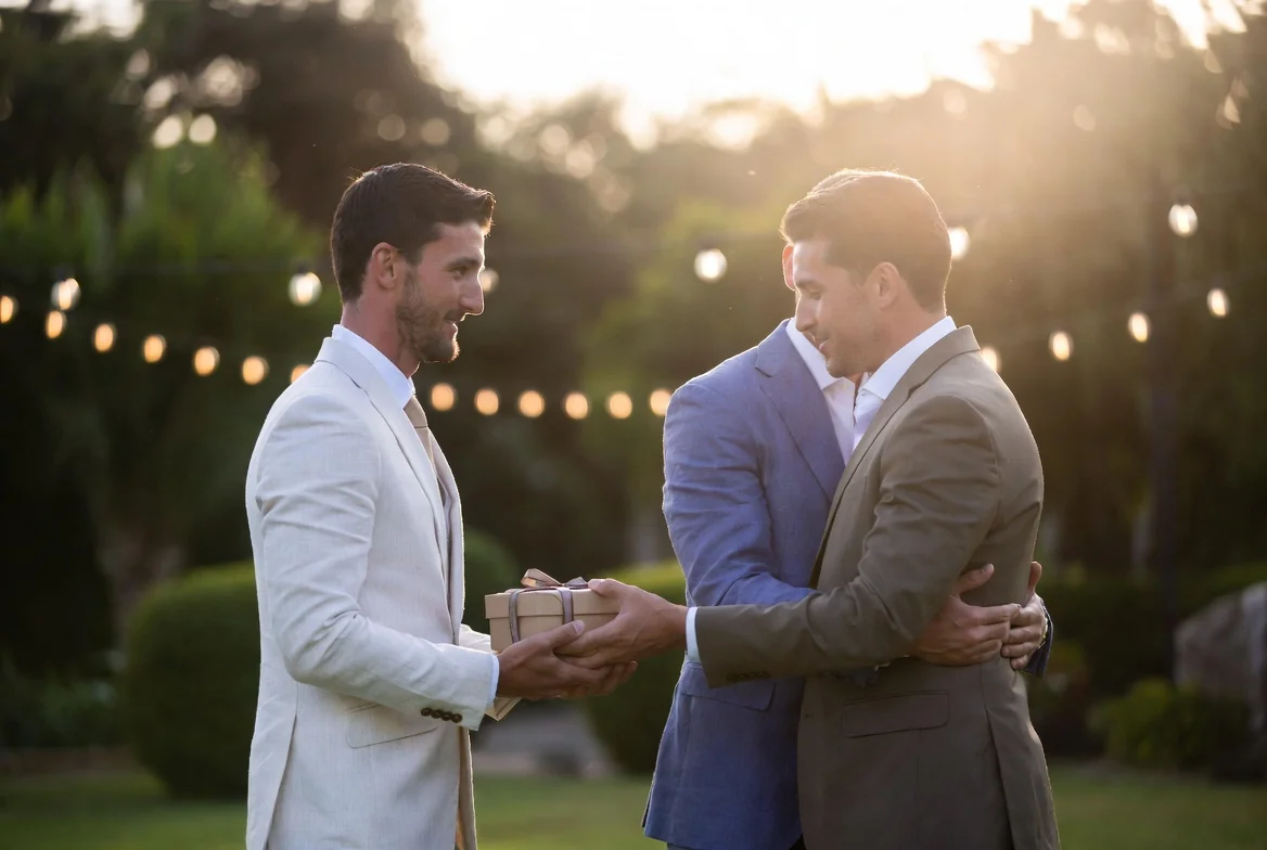 Two friends exchanging a wrapped gift outdoors, representing a heartfelt best man gift idea