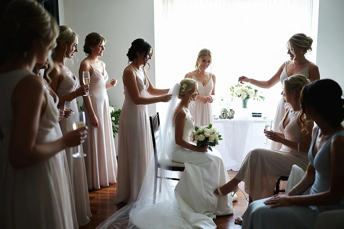 Bridesmaids helping the bride get ready before the ceremony, representing a bridesmaid gift idea
