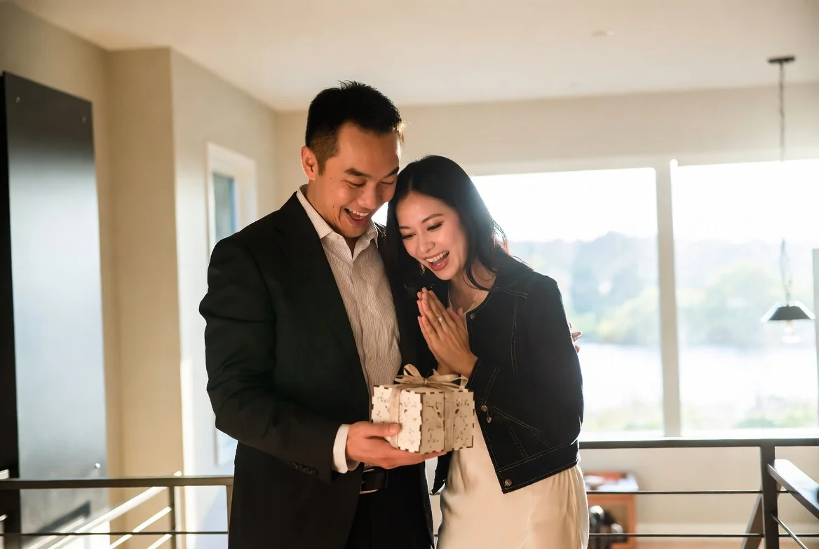 Couple opening a wooden gift box together, representing a thoughtful wedding gift