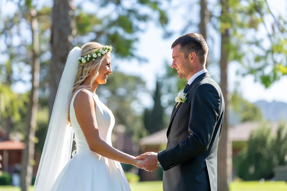 Bride and groom holding hands outdoors during their wedding ceremony