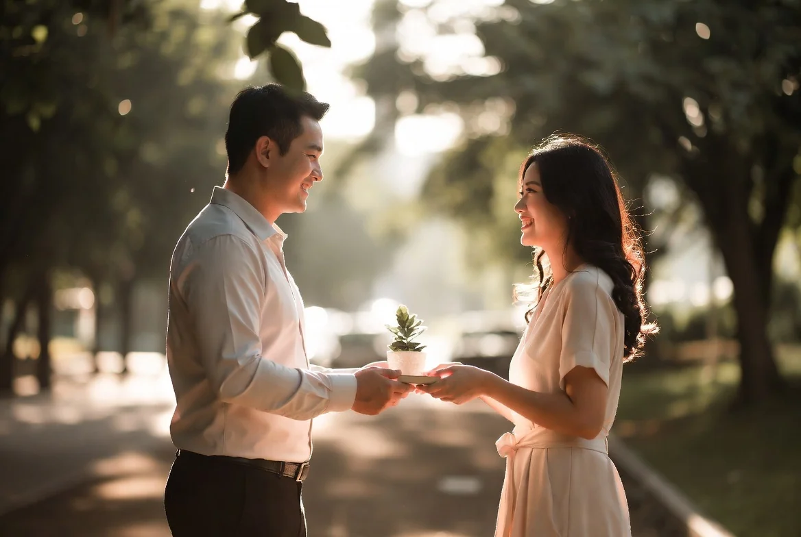 Couple exchanging a small gift outdoors, representing a long-distance wedding gift gesture