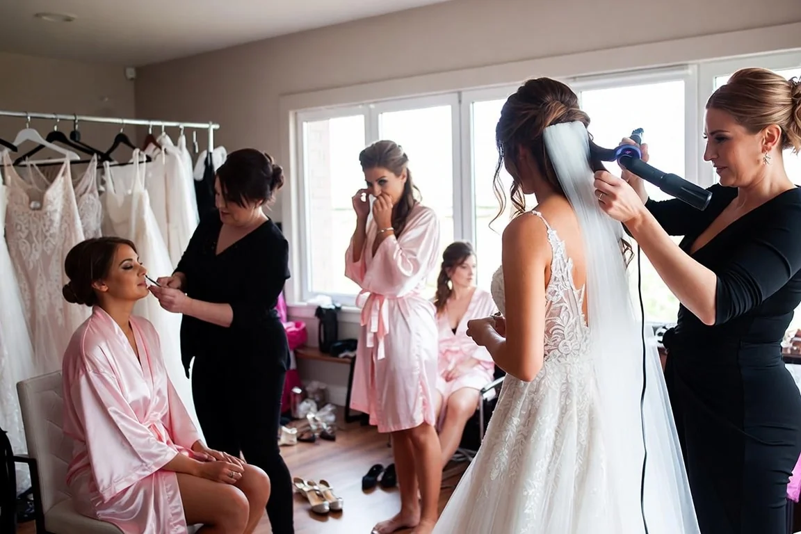 Bride getting ready with her bridesmaids before the wedding, representing a bridal shower moment