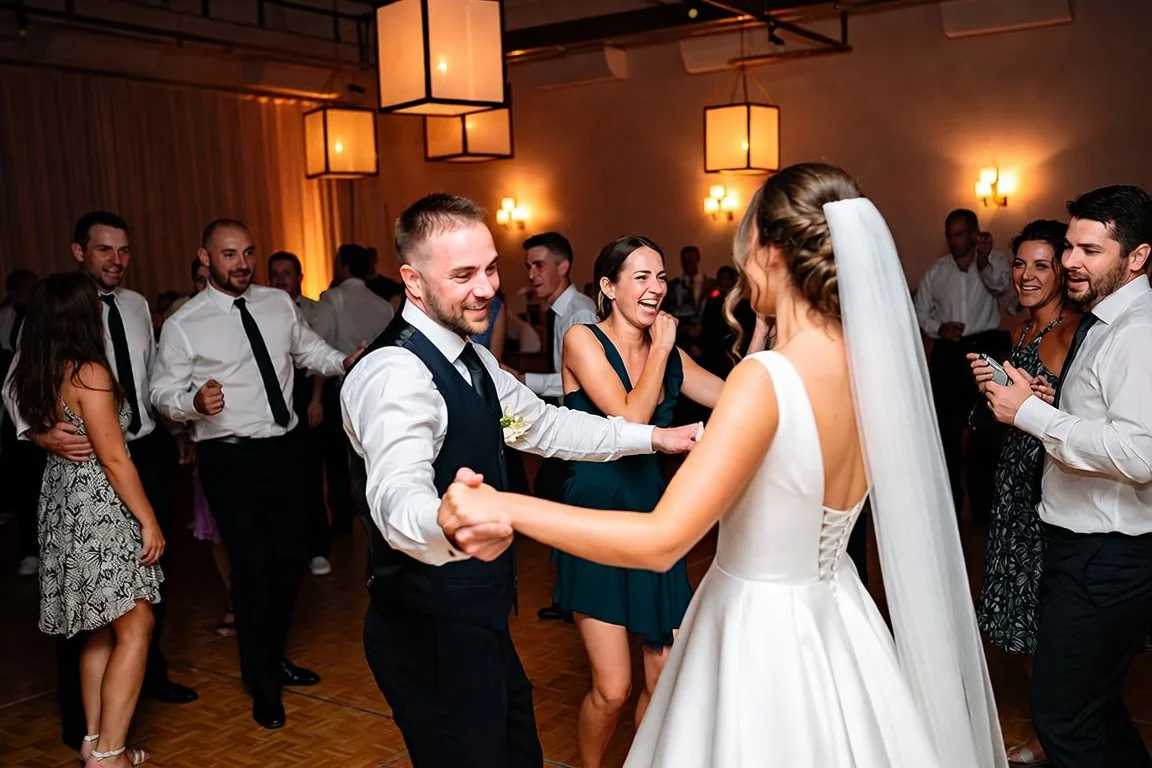 Wedding reception guests dancing together, representing a group wedding gift from coworkers