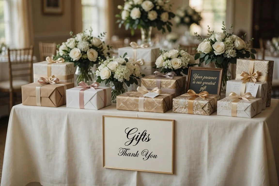 Wedding gift table with wrapped presents and a thank you sign
