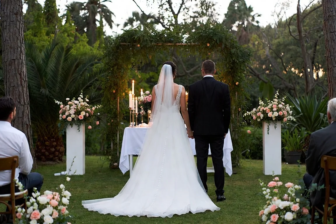 Bride and groom holding hands from behind at an intimate outdoor ceremony, representing an elopement