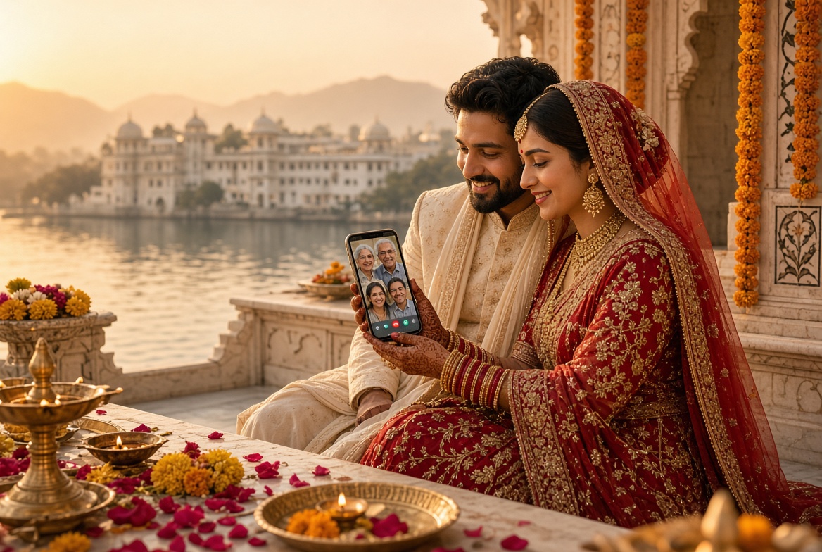 Indian bride and groom at a lakeside palace wedding video-calling family who could not travel