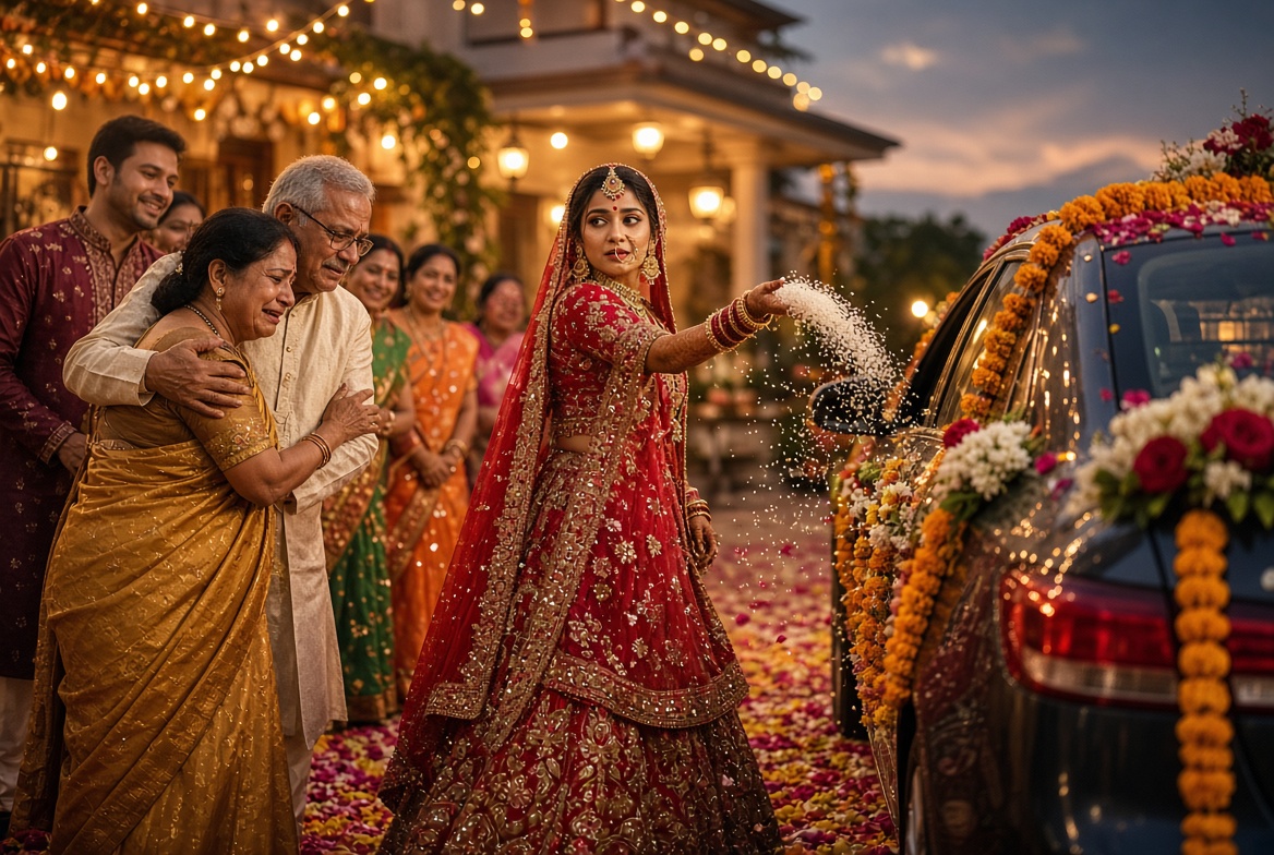 Bride in a red lehenga throwing rice during a vidai farewell as her parents watch beside a flower-decorated car