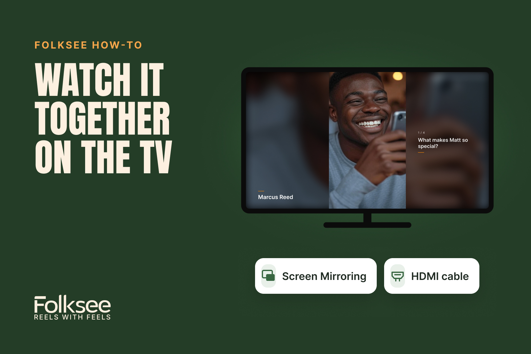 Folksee how-to: a Folksee reel playing on a TV, with Screen Mirroring and HDMI cable options