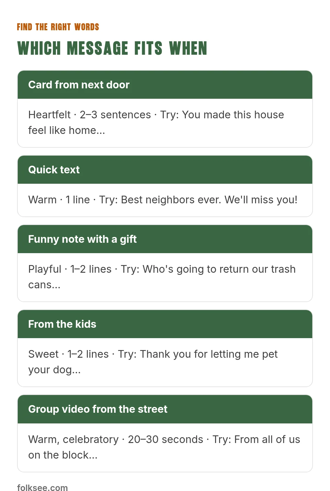 Which message fits when: Card from next door, Quick text, Funny note with a gift, From the kids, Group video from the street
