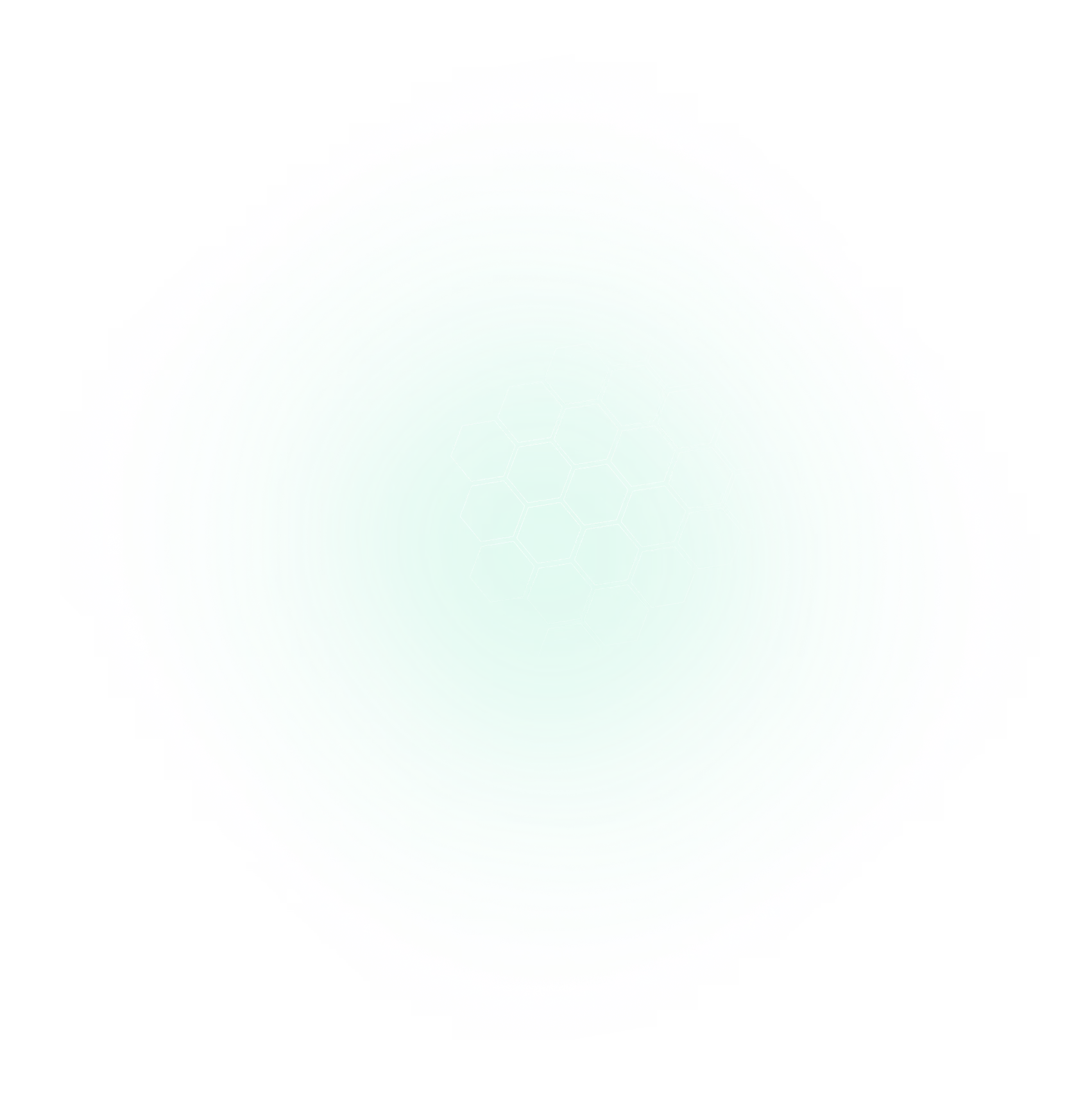 Glowing greenish-blue hexagonal pattern with concentric circular gradients on a black background.