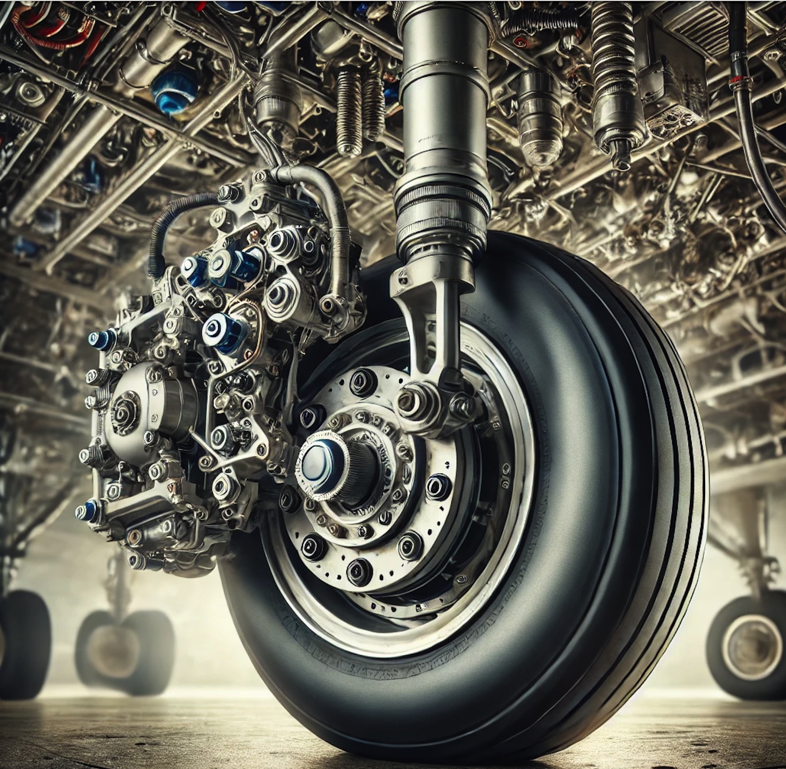 Close-up view of an aircraft wheel assembly, emphasizing areas critical to predictive maintenance for cost reduction in aviation.