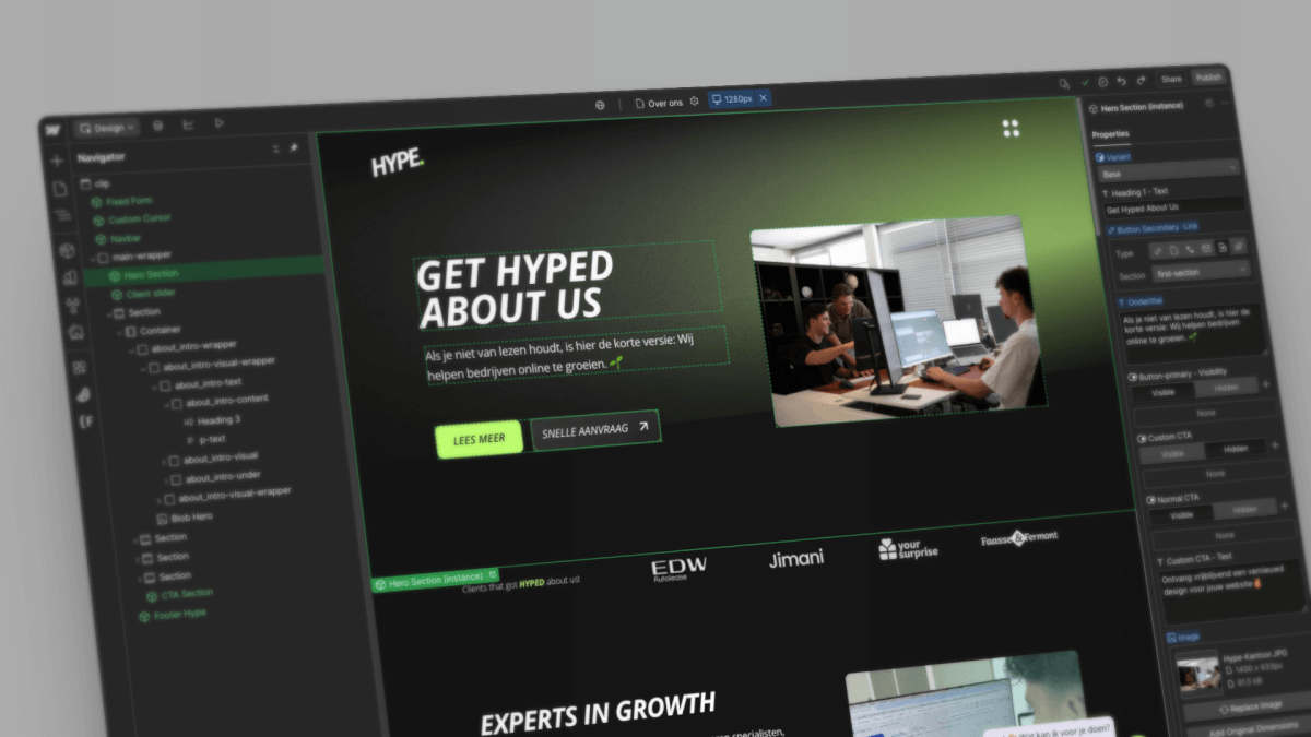 De visuele editor van Webflow om een professionele website zelf te beheren