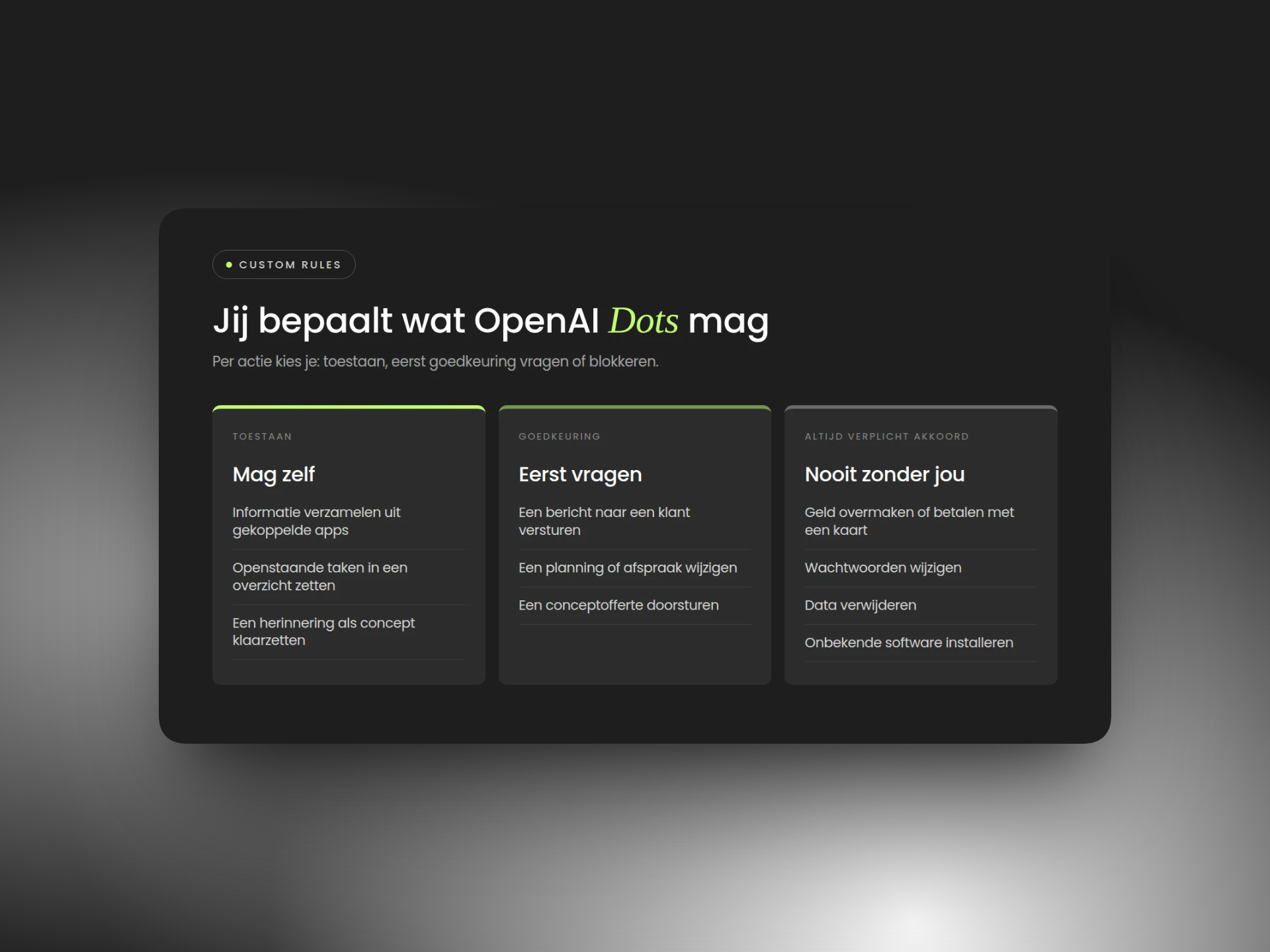Custom Rules van OpenAI Dots: wat een Dot zelf mag, eerst moet vragen en nooit zonder goedkeuring mag doen