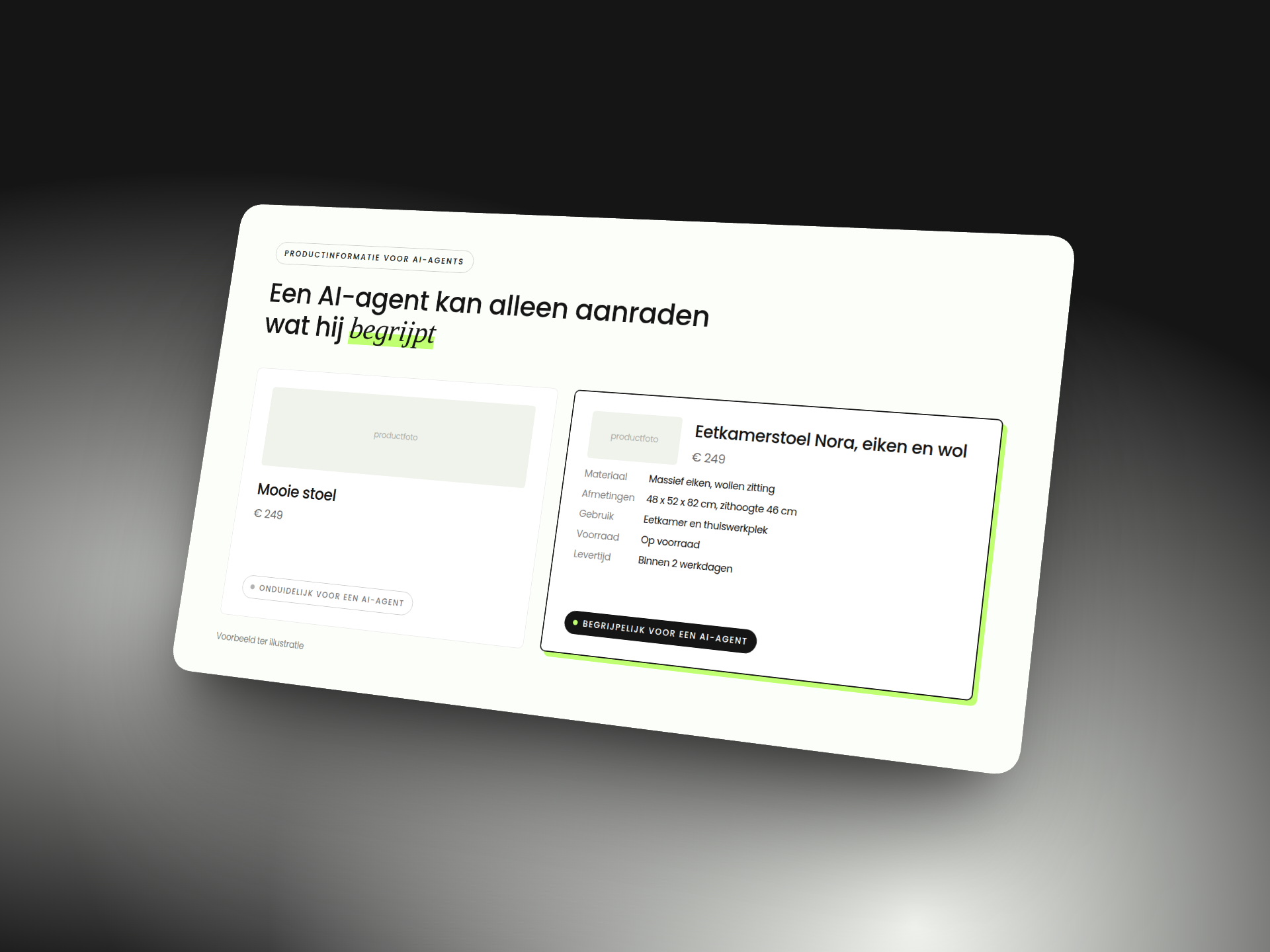 Vage en volledige productinformatie naast elkaar als voorbeeld voor AI-agents in een Shopify-webshop