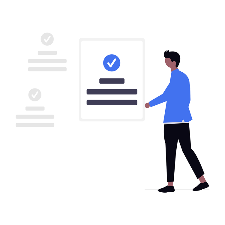 Illustration of a person selecting a task with a check mark, representing the use of AI-assisted workflows to accelerate and manage systematic reviews with full transparency.