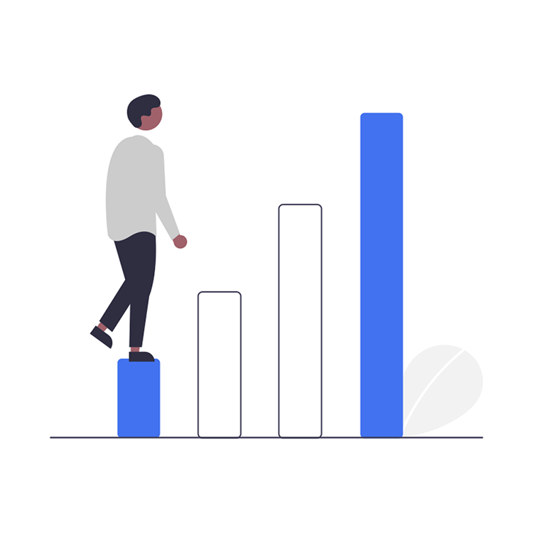 Illustration of a person stepping up a bar chart, representing the process of completing tasks and achieving results in a benchmark challenge on the Next platform.