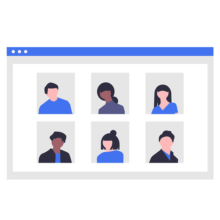 llustration of six people in a video conference grid, representing collaboration in setting up and publishing a participant recruitment advertisement on the Next platform.