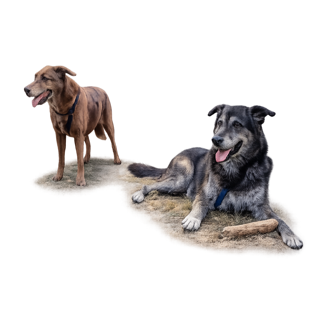 Due cani con pettorina blu su terreno sabbioso, uno è seduto e l'altro è in piedi con la lingua fuori.