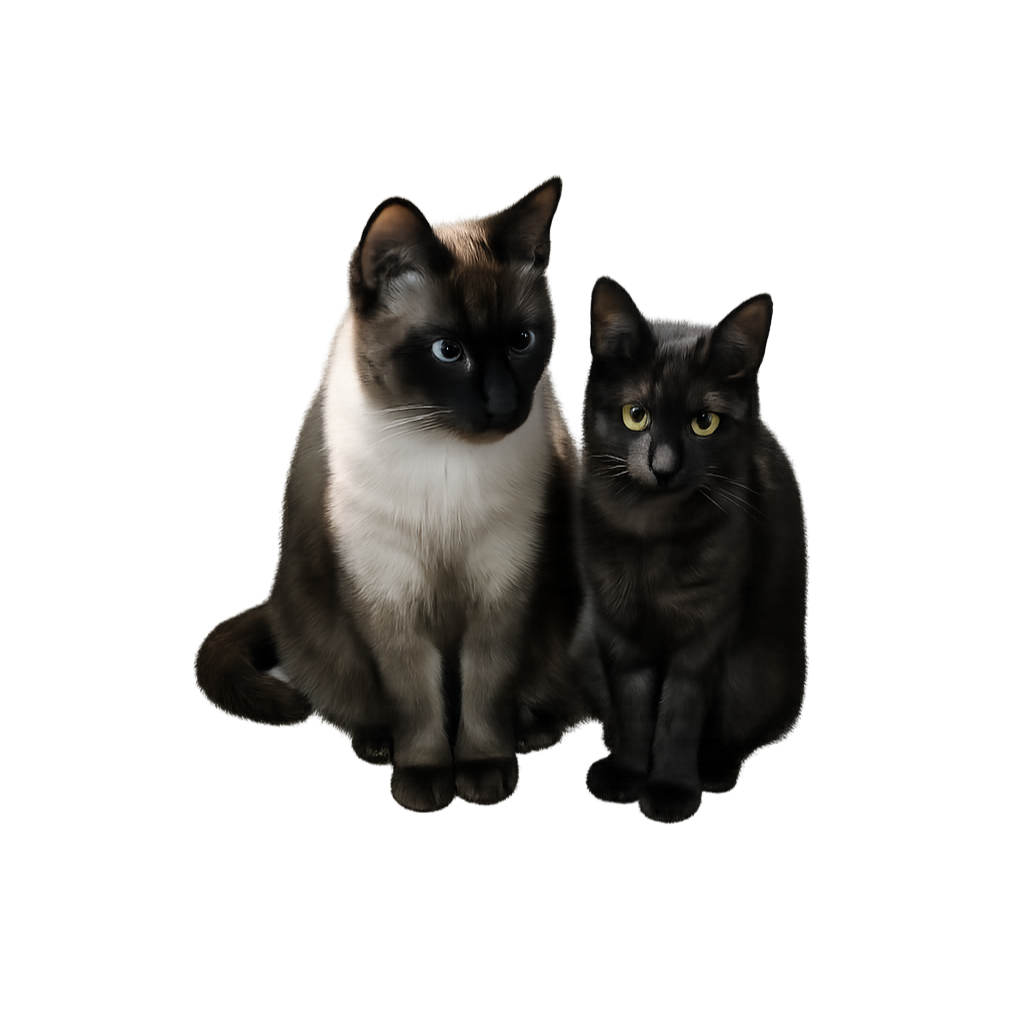 Due gatti seduti fianco a fianco, uno di colore nero e l'altro Siamese con pelo chiaro e muso scuro.