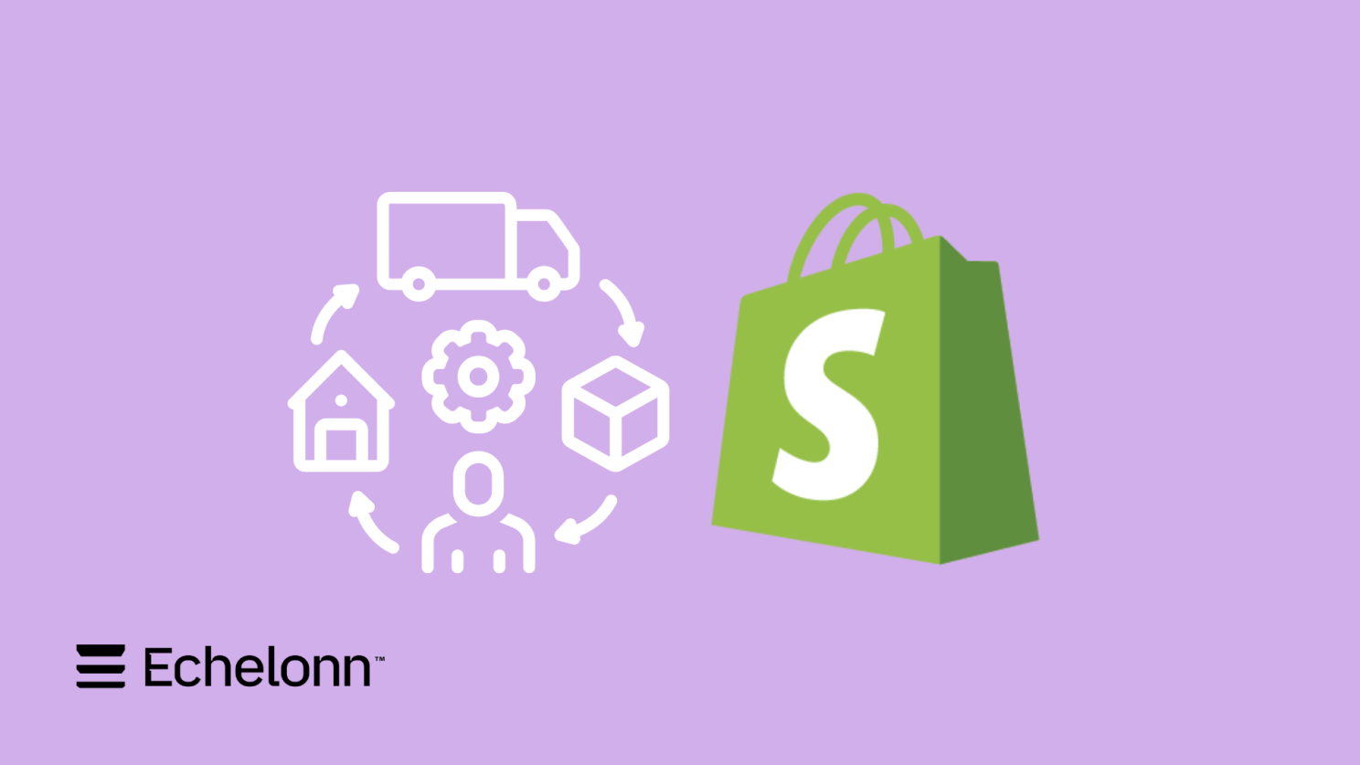 Shopify logo next to icons representing warehouse, shipping, customer, and logistics — illustrating the ecommerce shipping ecosystem.