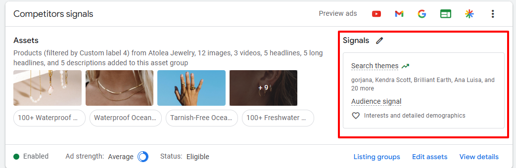 Google Ads interface showing asset group signals including search themes and audience signal breakdown.