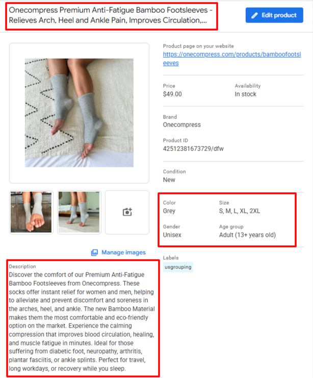 Google Merchant Center product detail for bamboo footsleeves, including a long SEO-optimized title, product description, and attributes like color, size, gender, and age group.