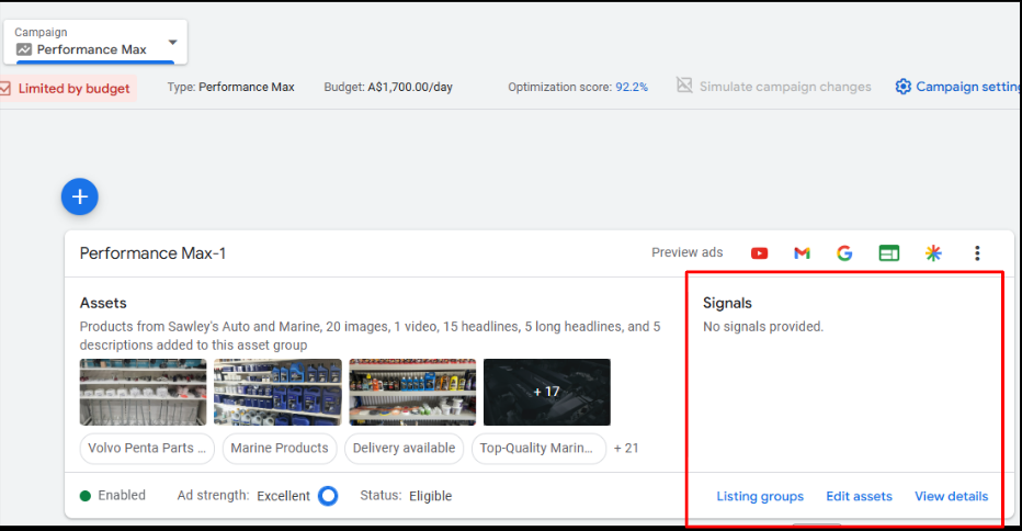 Google Ads Performance Max campaign with no audience signals provided. Red alert box highlights missing inputs that could impact performance.