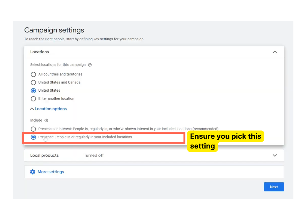 google shopping campaign settings