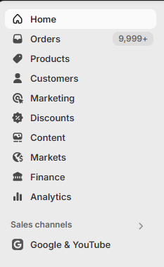 Shopify admin sidebar showing ‘Google & YouTube’ listed under Sales Channels, beneath Orders, Products, and Marketing.