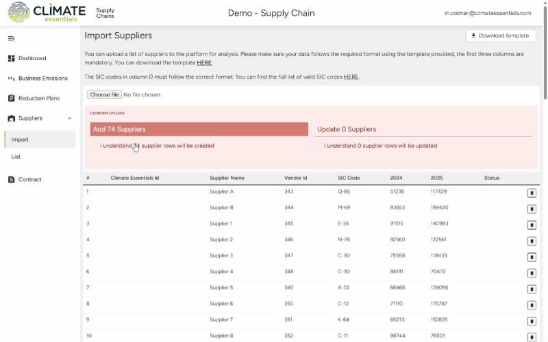 Supplier spend data being uploaded into the Climate Essentials platform via CSV
