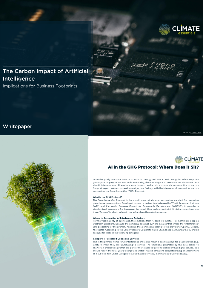 Cover of the Climate Essentials whitepaper on the carbon impact of artificial intelligence