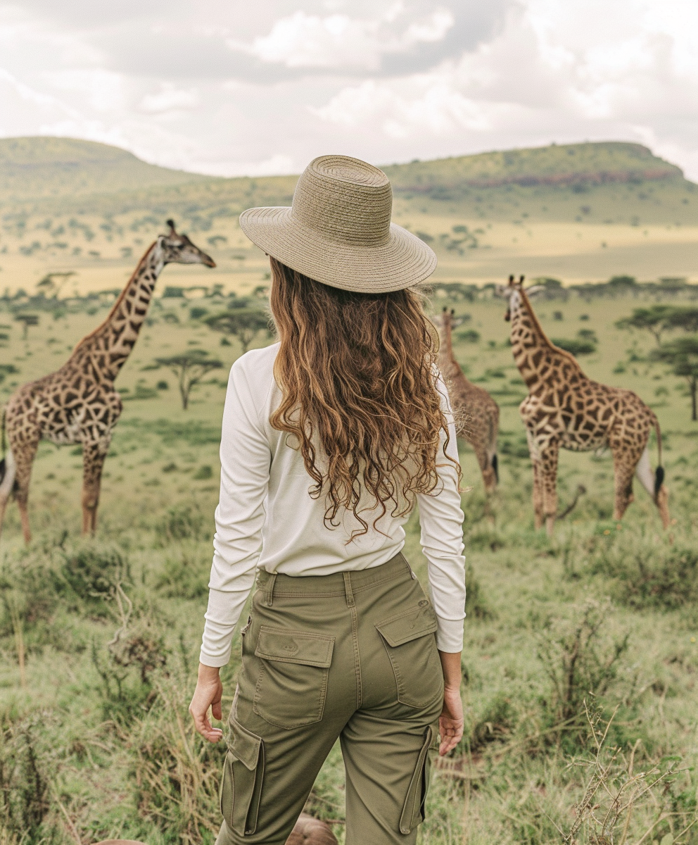 Traveler standing with a tower of giraffe in the Masai Mara