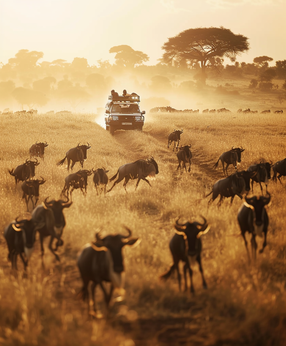 Safari vehicle in the Serengeti with wildebeest migration at sunset