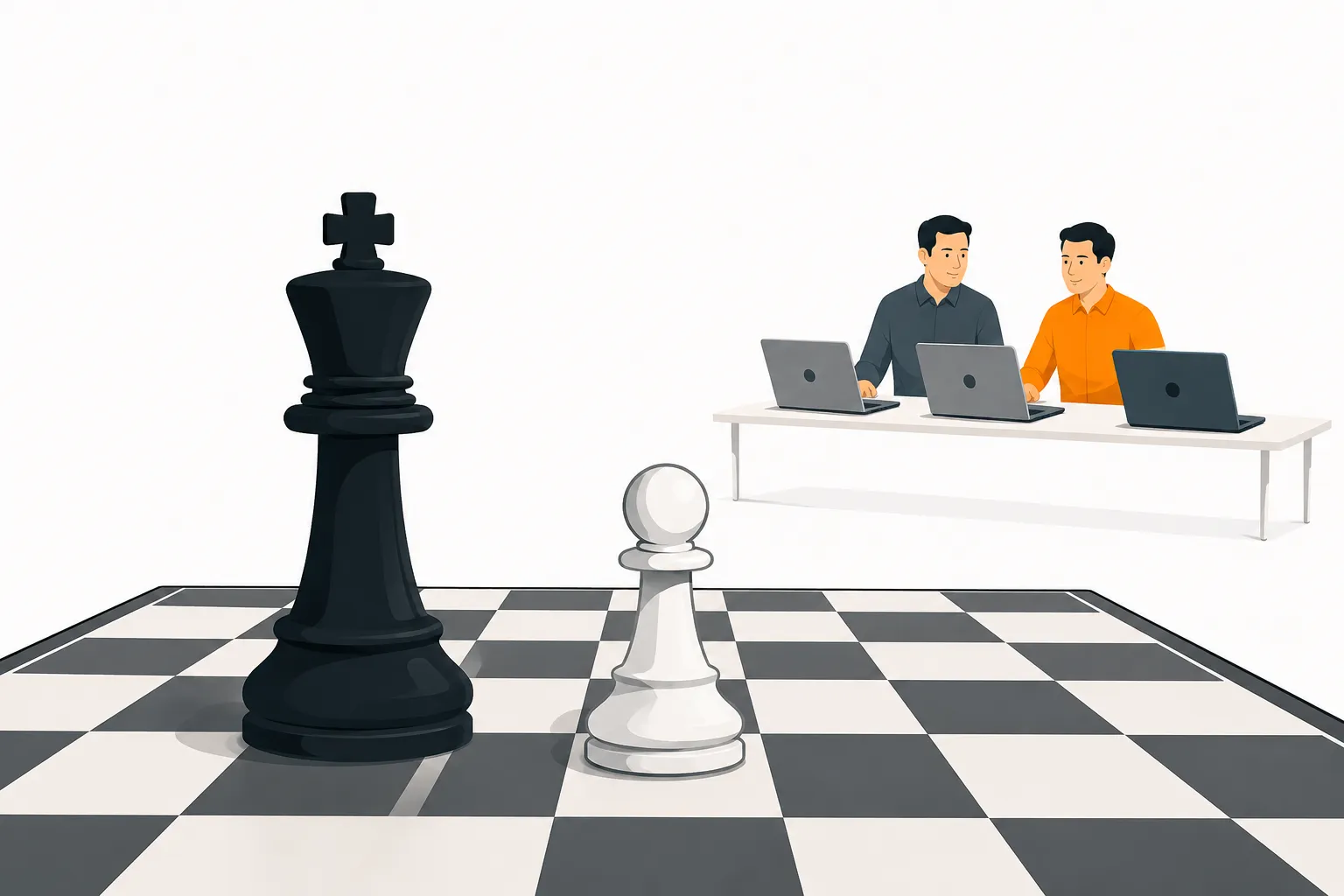 A chess king and pawn facing two players working together at laptops — the freestyle chess story of process beating raw power.