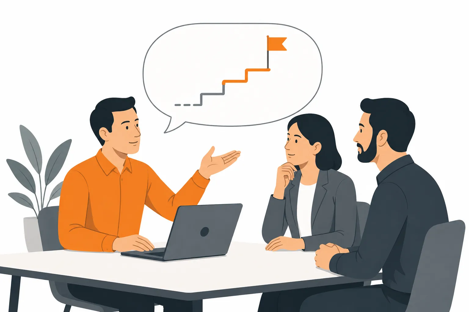 Two people in conversation at a table with a laptop, discussing a capability path shown in a speech bubble.