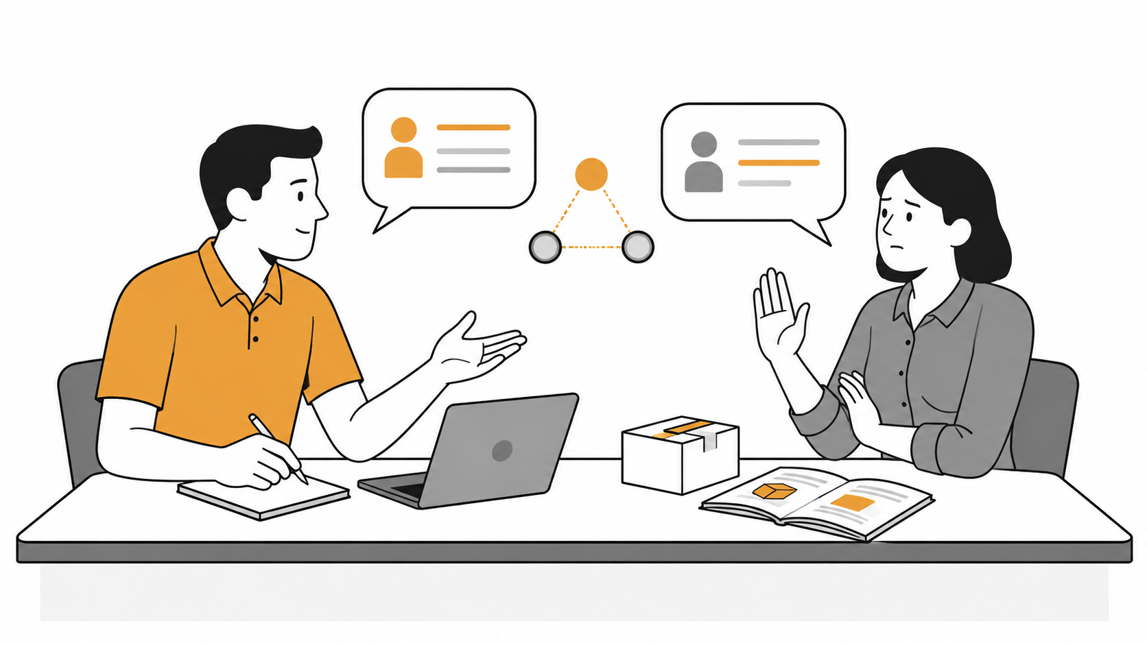 A sales rep and a buyer in conversation across a desk, with speech bubbles showing the exchange.