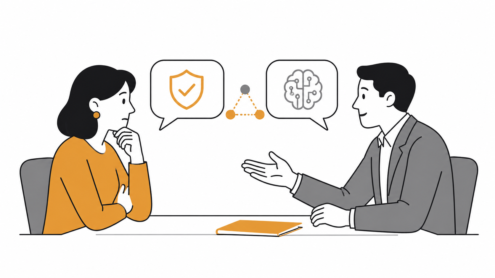 A manager and an employee in a careful one to one conversation, with speech bubbles showing trust and thought.