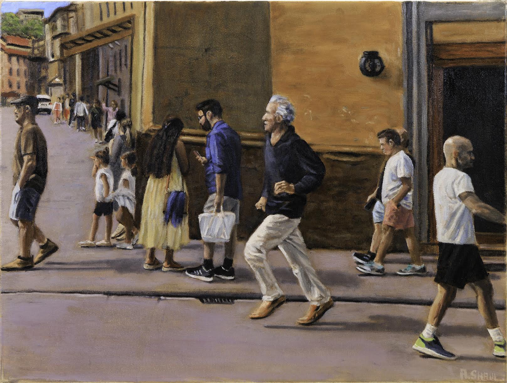 Street scene with man running
