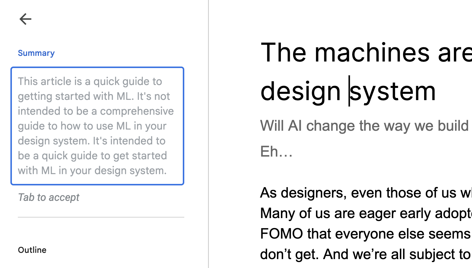 A screenshot of the Google Doc summary field with an ML suggested excerpt "This article is a quick guide to getting started with ML…It’s intended to be a quick guide to get started with ML in your design system."