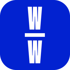 Weight Watchers logo with two white W letters separated by a horizontal line on a blue rounded square background.