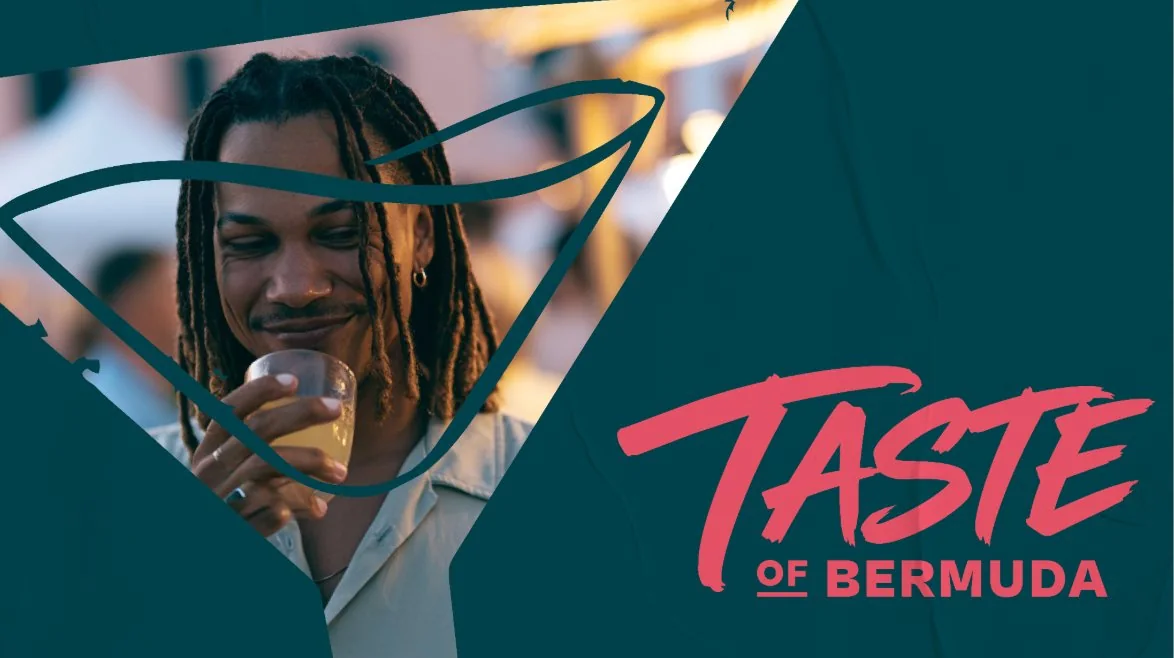 Person holding a drink beside bold pink Taste of Bermuda type