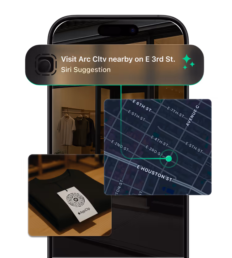 Smartphone displaying a Siri suggestion to visit a nearby store on E 3rd St with an inset map highlighting the location and a folded black shirt with an App Clip tag.