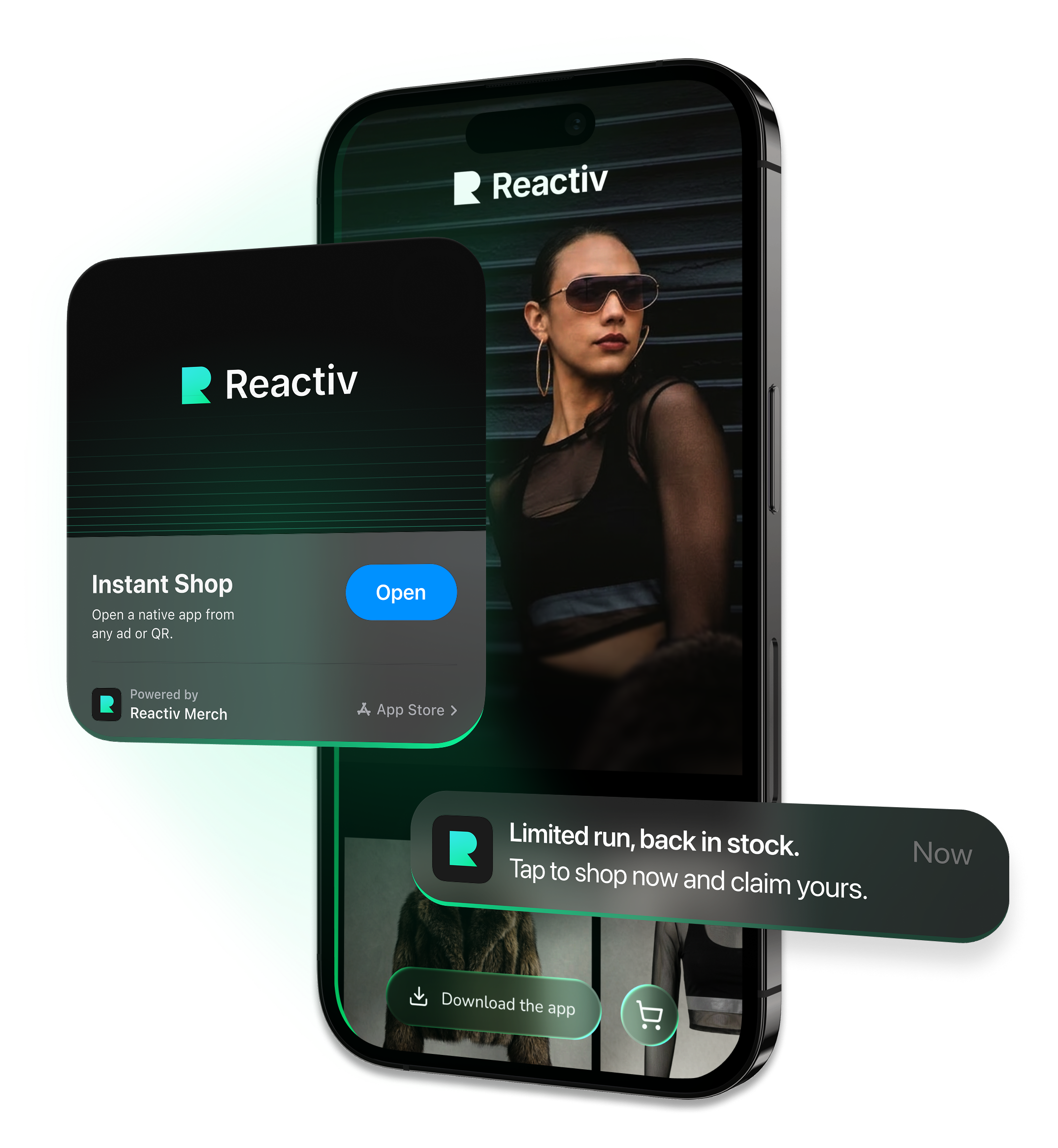 Smartphone screen showing a woman in a black hoodie with shopping app interface including an Add to Bag button and a notification about limited stock.