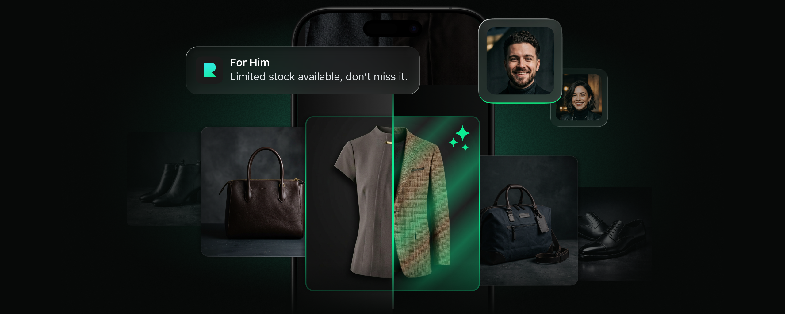 Smartphone screen displaying curated clothing collection with various styled tops and two profile pictures, featuring a highlighted hoodie.