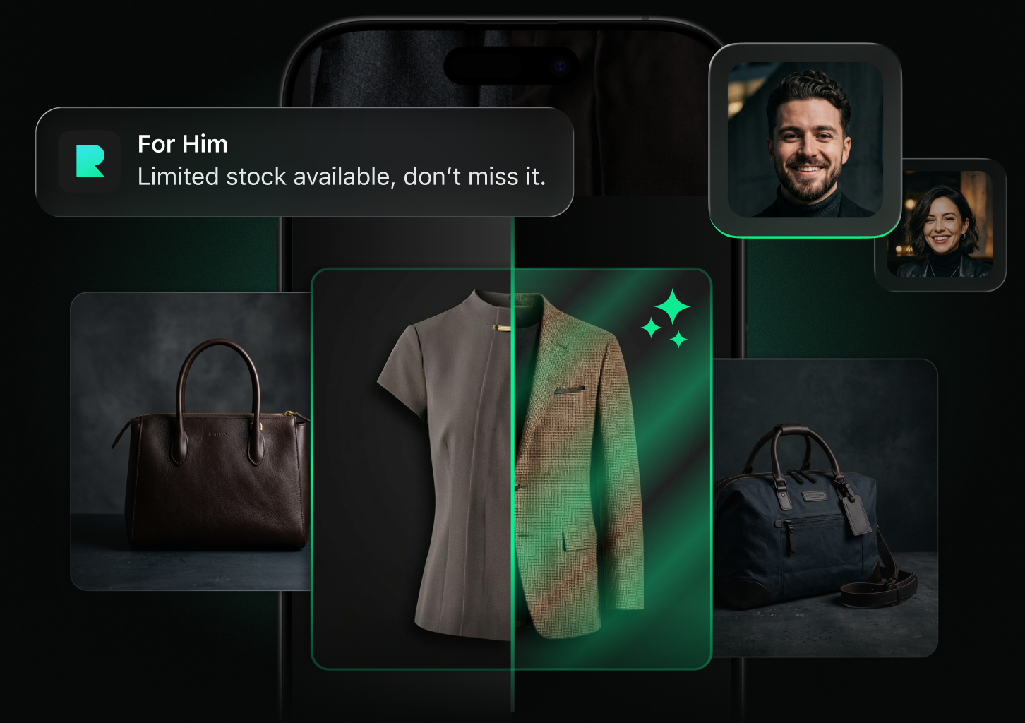 Smartphone screen showing a curated clothing collection with a highlighted purple hoodie and video call windows of a smiling man and woman.