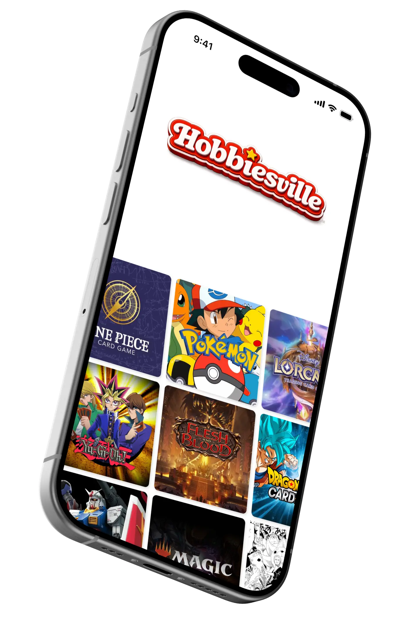 The Hobbiesville mobile app on an iPhone, showing the home screen with categories for trading cards, Pokémon, One Piece, and collectibles
