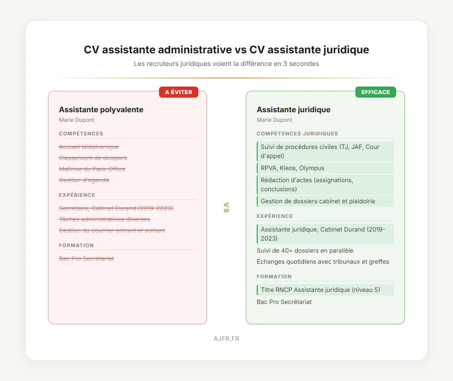 Avant-après CV assistante juridique : du CV générique au CV ciblé avec compétences juridiques
