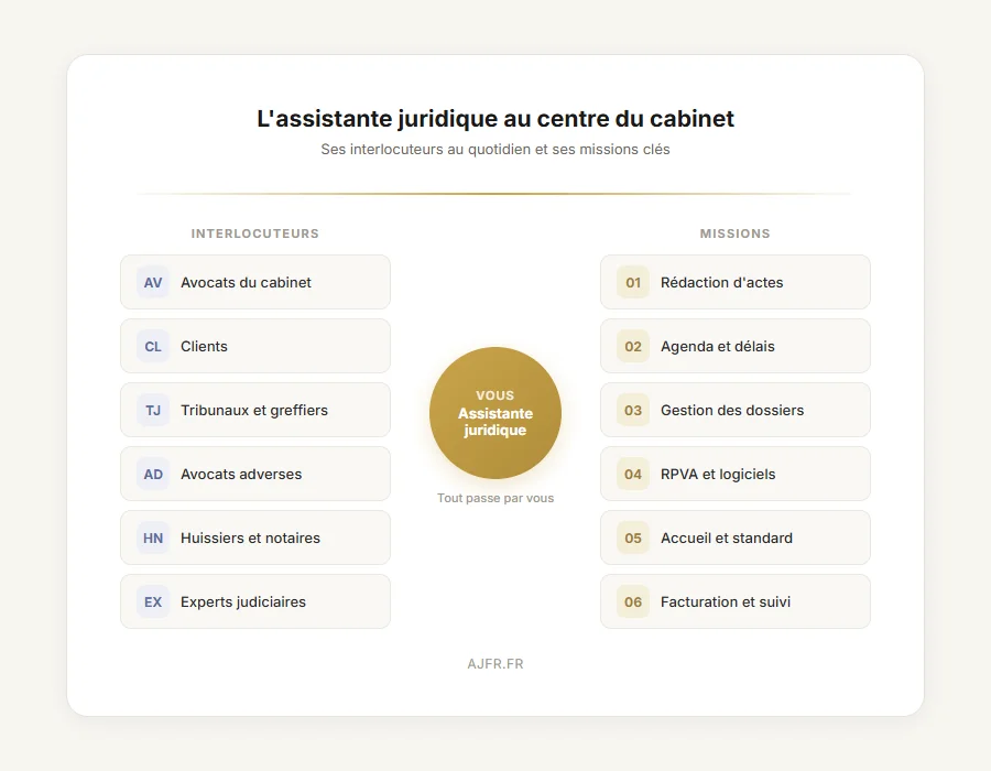 Écosystème assistante juridique en cabinet : interlocuteurs et missions quotidiennes